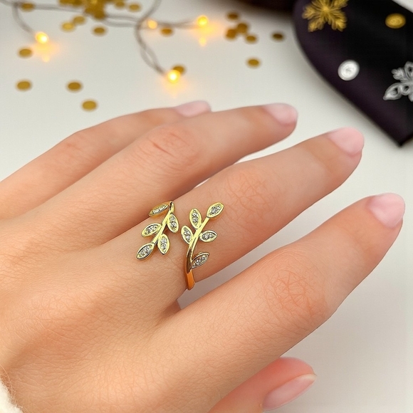 🆕️ Elegant 18K Gold Plated Adjustable Leaves 🌿Leaf Ring Sparkling Zirconia ✨ - Picture 11 of 13